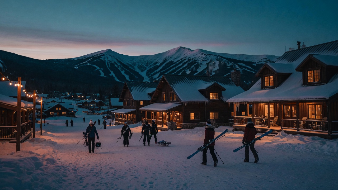 Alpine ski village at dusk with warm village lights